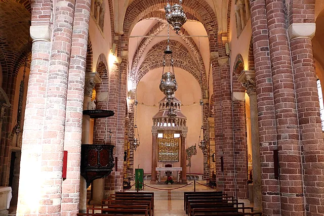 The Romanesque nave of the Cathedral of St Tryphon in Kotor, with brick-and-stone columns and vaults